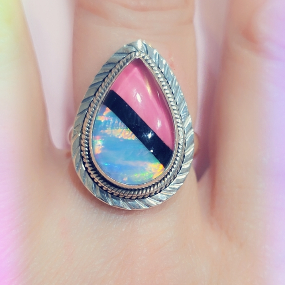 Aurora Opal & Onyx Gemstone Ring